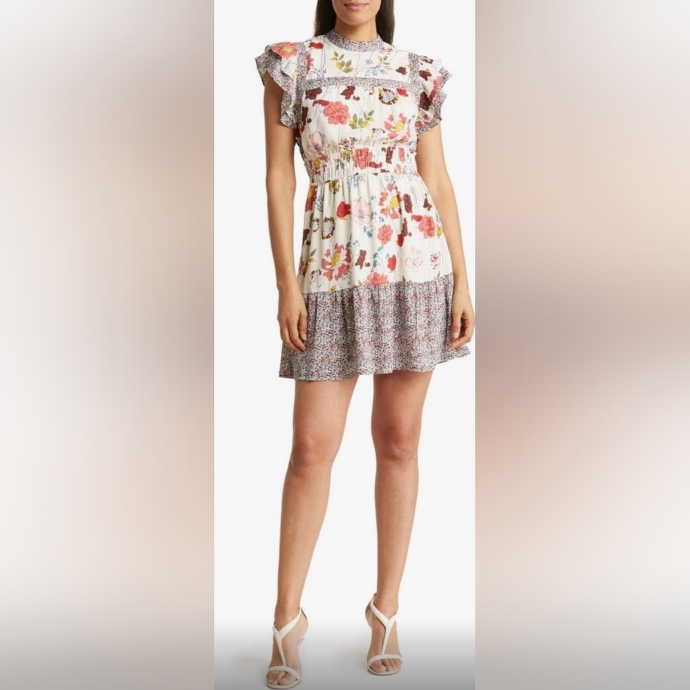 DR2 by Daniel Rainn Mock Neck Ruffle Sleeve Dress.